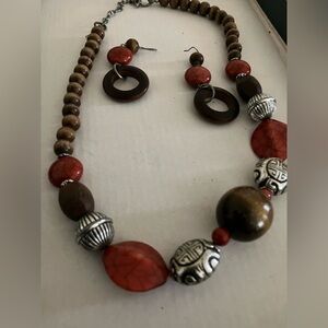 Red and Brown Beaded Necklace and Earring Set